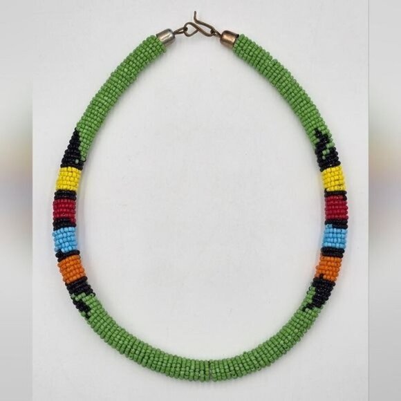 Traditional Maasai African Handcrafted Beaded Necklace Green Multicolored 20" - Picture 4 of 4